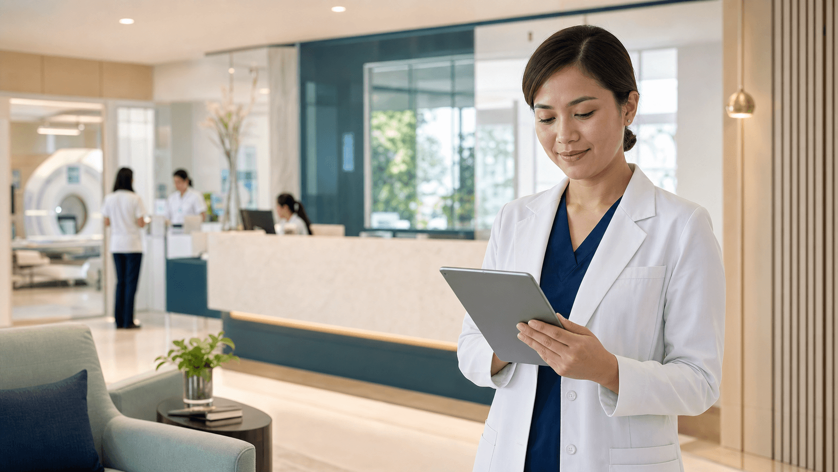 A PremiumHealth physician reviewing results on a tablet in our modern diagnostic center